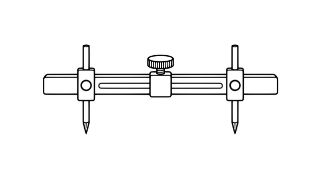 Black outline vector icon of a dual pin marking gauge with horizontal slotted bar two pointed scribers and central knurled thumbscrew rendered in thin precise lines in symmetric horizontal arrangement