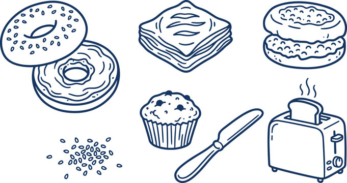 Breakfast food collection in blue line art style featuring bagel, muffin, and toaster for menu vector illustration