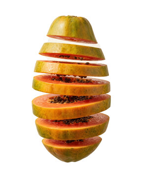 Fresh ripe papaya sliced and levitating a with floating vitamins background nutrition as isolated element