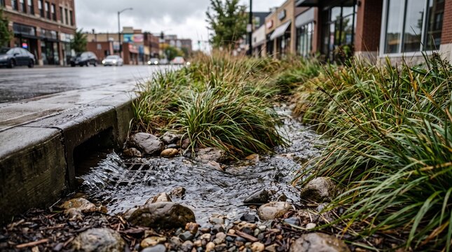Vegetated swale carrying runoff toward an overflow structure