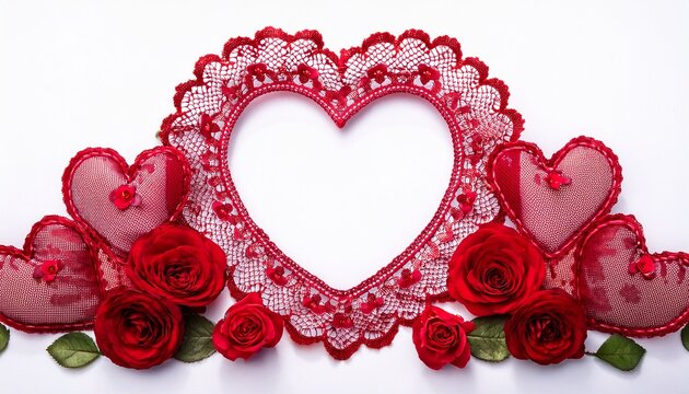 red heart shaped lace frame with rose embroidery isolated on white background
