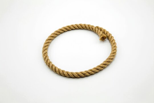 Natural jute rope circle on white background, rustic brown hemp cord loop, textured fiber nautical rope frame for copy space