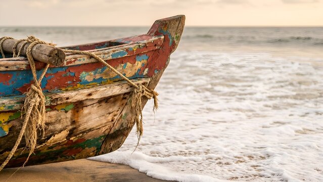 Old wooden fishing boat on a sandy beach shore at sunset   