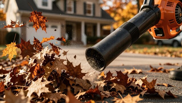 Leaf blower removing dry autumn leaves on driveway, dynamic action shot for fall yard work concept