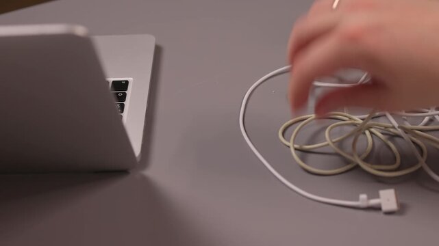 Laptop power cord repair process. Careful examination of frayed laptop connector wires. Closeup view of technician inspecting compromised power cable connections on desk