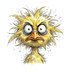Fototapeta premium Crazy cartoon chick with messy yellow feathers and wide eyes watercolor illustration, funny little yellow chick looking frantic