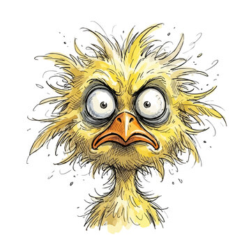 Crazy cartoon chick with messy yellow feathers and wide eyes watercolor illustration, funny little yellow chick looking frantic