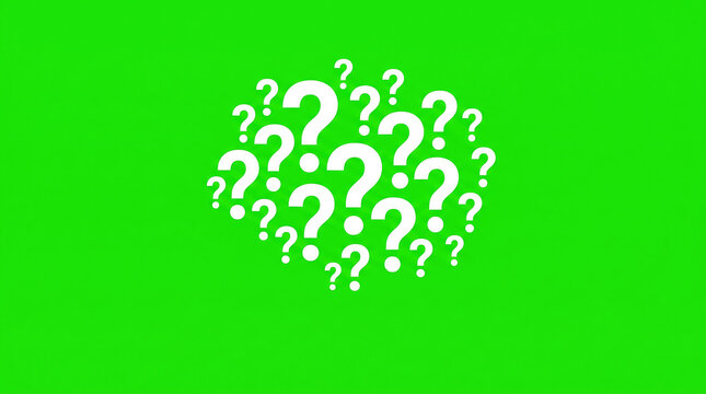 Cluster of question mark icons arranged in a cloud formation on bright green background