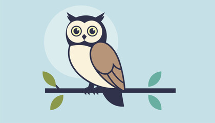 Obraz premium Wise looking owl with large eyes sits calmly on a dark tree branch against the backdrop of a glowing full moon and night sky.