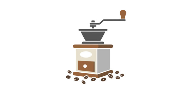 Classic manual coffee grinder with roasted coffee beans scattered around its base against a plain white background for cafe branding.