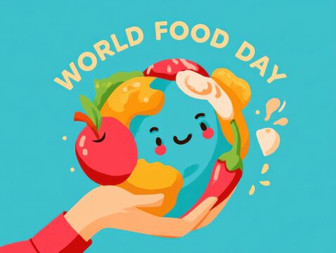 Happy hand holding colorful food items with world food day text
