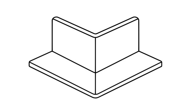 Monoline illustration of an L shaped corner protector with upright inner walls and flat outer flanges meeting at right angle drawn with thin black lines in isometric view showing edge support