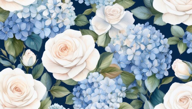 delicate watercolor seamless pattern featuring light blue hydrangeas and soft white roses for design feminine fabrics wrapping paper or wedding stationery