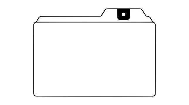 Minimalist outline illustration of a tan manila folder with upright back tab and round eyelet reinforcement drawn with thin black lines in frontal view showing office filing storage simplicity