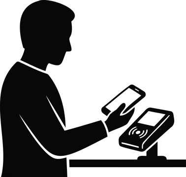 Black silhouette of a person making a contactless payment using a smartphone at a point of sale terminal on a white background