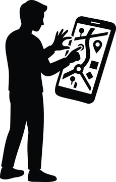 Black silhouette of a person standing and interacting with a large smartphone screen showing a map, isolated on a white background