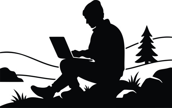 Black silhouette of a person sitting on a rock in a natural landscape and using a laptop computer, isolated on a white background