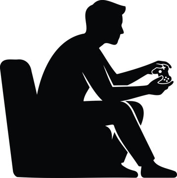 Black silhouette of a young man sitting on a comfortable armchair while holding a game controller to play games on a white background