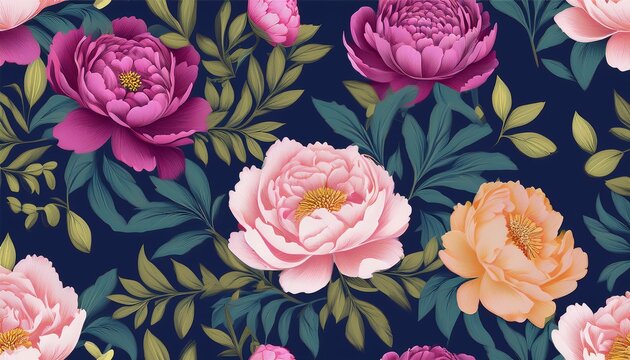luxurious floral pattern featuring pink peonies and diverse dark green foliage with yellow and purple accents on a dusty blue background for design textiles and elegant wallpapers