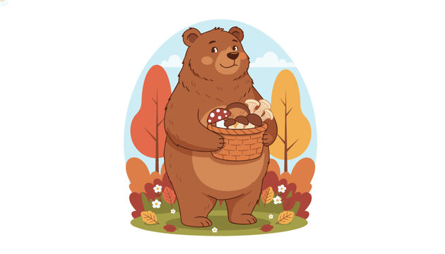 Cute brown bear standing in an autumn forest holding a wicker basket filled with various wild mushrooms and fungi.