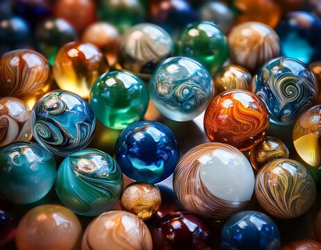 colorful marbles close up with glass texture and intricate patterns