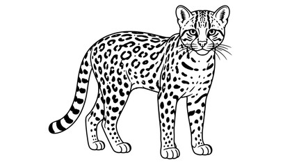 Obraz premium Line art illustration of a standing ocelot facing forward with rosette spots, striped head, whiskered muzzle and ringed tail drawn in bold contours in side stance accentuating dense spotted flank coat