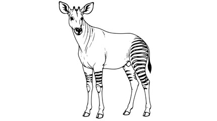 Black outline vector icon of an okapi in side stance with large ears, ossicones, smooth torso and striped hindquarters and forelegs drawn in thin lines in full-body profile showcasing leg banding © Kyle