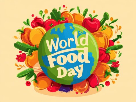 World food day celebration with colorful fruits and vegetables around globe