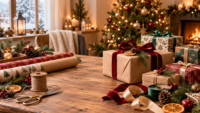Christmas Gift Wrapping Scene with Wooden Table and Decorated Tree, AI Generated