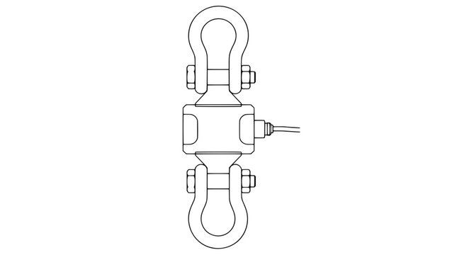 Black outline vector icon of an industrial load cell with top and bottom shackles secured by bolts and central block with cable drawn with medium lines in vertical composition showing lifting hardware