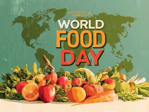 World food day celebration with colorful fruits and vegetables on green globe background