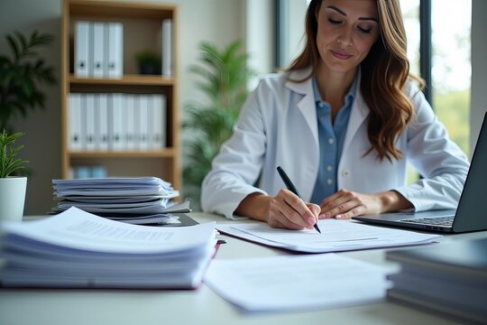 Regulatory Specialist Focused at a Neatly Arranged Desk, Analyzing Submission for the Ethics Committee Amidst Document Stacks and a Laptop