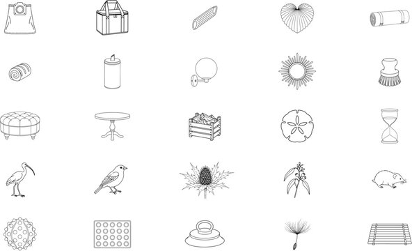 Collection of 25 black outline vector icons showing hourglass ibis songbird thistle footstool pedestal table firewood crate shell scrub brush and assorted home nature emblems drawn in thin contour