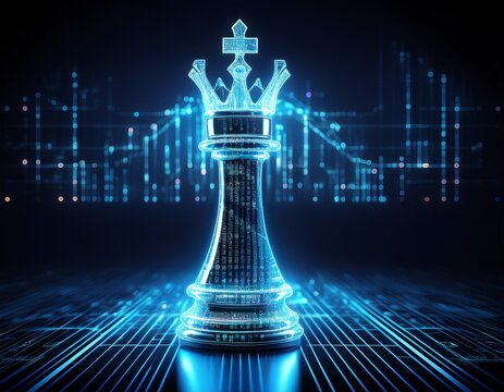 digital king chess piece composed of glowing binary code representing strategic artificial intelligence and complex data processing in modern computing