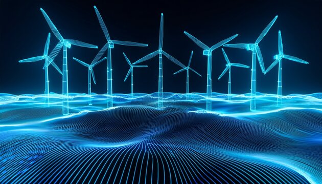 clean and eco energy industrial concept with blue digital windmills full of energy on wavy technological floor and dark background 3d rendering
