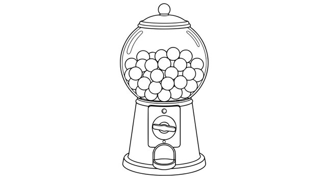 Black outline vector icon of a vintage gumball machine with round globe lid, a cluster of balls inside, coin mechanism with turn knob and pickup flap, drawn with medium lines in centered front view