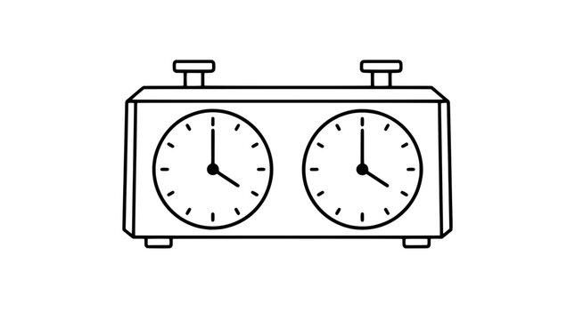 Black outline vector icon of a chess clock with dual round dials, tick markers and top push buttons drawn with bold lines in centered frontal composition capturing symmetrical timing device