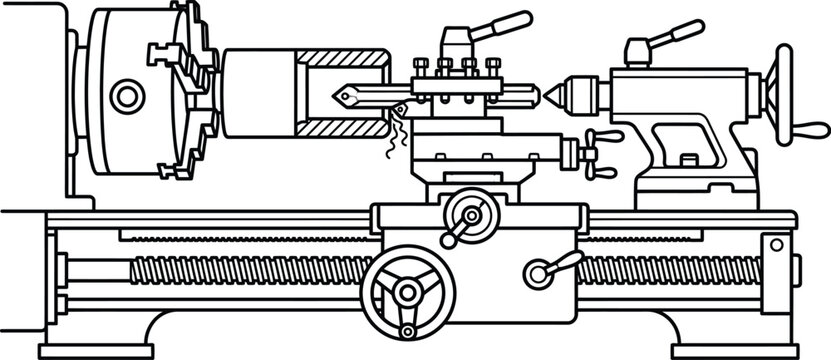 Illustration of a metal lathe machine performing a turning operation.