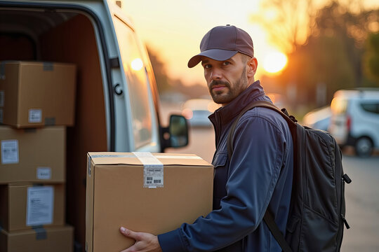 Morning Rush: A Driver Organizes and Loads Packages into a Delivery Van, Embracing the Energy of Logistics