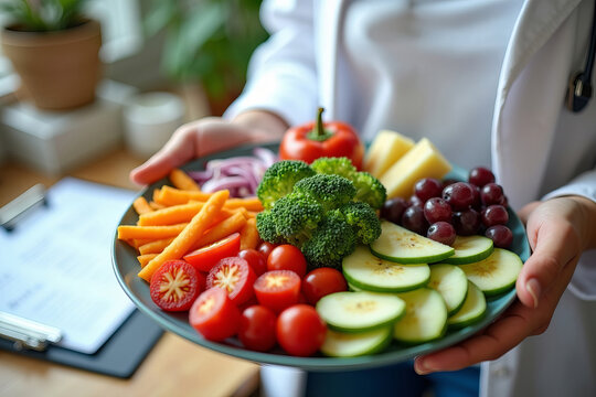 Detailed Close-Up of a Nutritionist&rsquo;s Hands Presenting a Plate of Colorful Low-Sodium Dishes, Accompanied by a Clipboard and Nutrition Resources in the Background