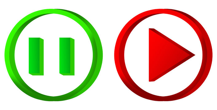 Set of green and red 3D pause and play button icons isolated on transparent PNG cut out background.
