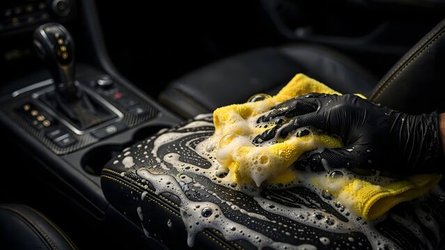 Person cleaning a leather car console with a soapy cloth