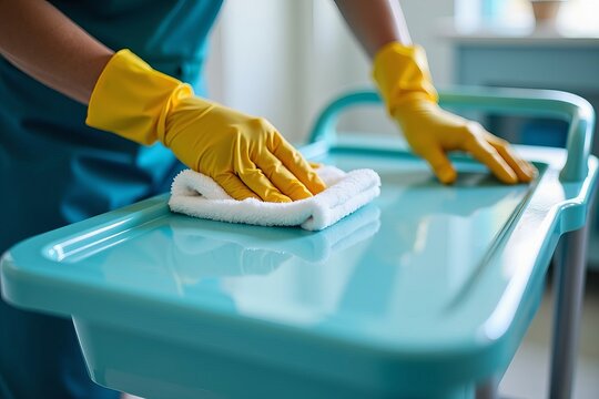 Intimate Focus on a Janitor's Hands Delicately Cleaning a Utility Cart with Disinfectant Wipes, Highlighting Immaculate Cleanliness and Care in a Healthcare Environment.