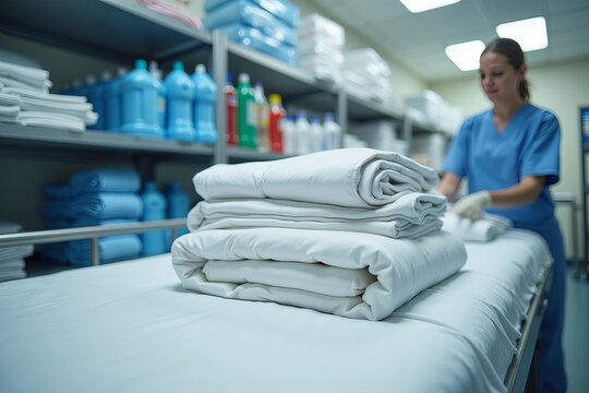 Detailed View of a Healthcare Worker Folding and Stacking Freshly Laundered Hospital Bedding in a Brightly Lit Supply Room, Highlighting the Gleaming Textures