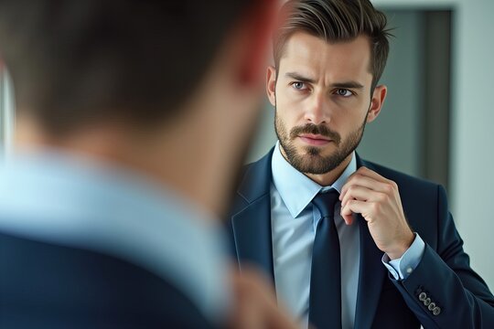 Focused Moment: A Business Professional Adjusts Their Tie in Front of a Mirror, Set Against a Softly Blurred Background