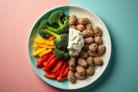 Dynamic Split Shot: One Side Features a Colorful Plate of Gut-Friendly Meals, the Other Highlights a Person in Motion Exercising