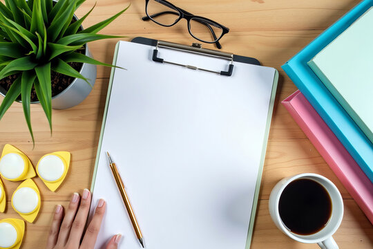 Design a Stylish Flat Lay of Organized Financial Papers, Vibrant Binders, and Office Supplies on a Wooden Desk with a Serene Plant Accent