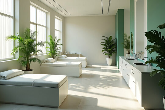 Overhead View of a Modern Wellness Clinic Showcasing IV Therapy Stations and Sunlit Minimalist Decor