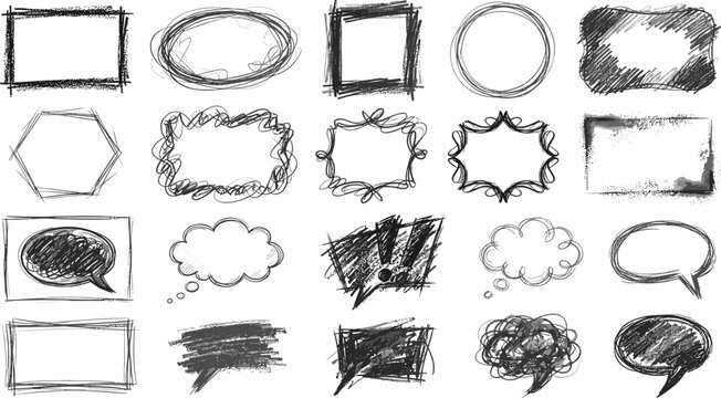Hand drawn scribble frames and speech bubbles vector illustration featuring messy charcoal sketch borders for design