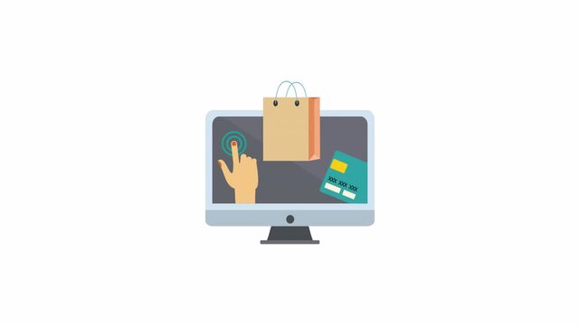 Computer monitor displaying shopping bag, hand holding credit card icons, perfect for ecommerce and digital payment concepts. Ideal for web designs.